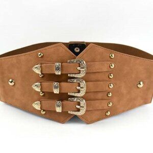 Camel Gold Vintage Style 3-Buckle Cumberbund Belt - Elastic Back - Snap Closure